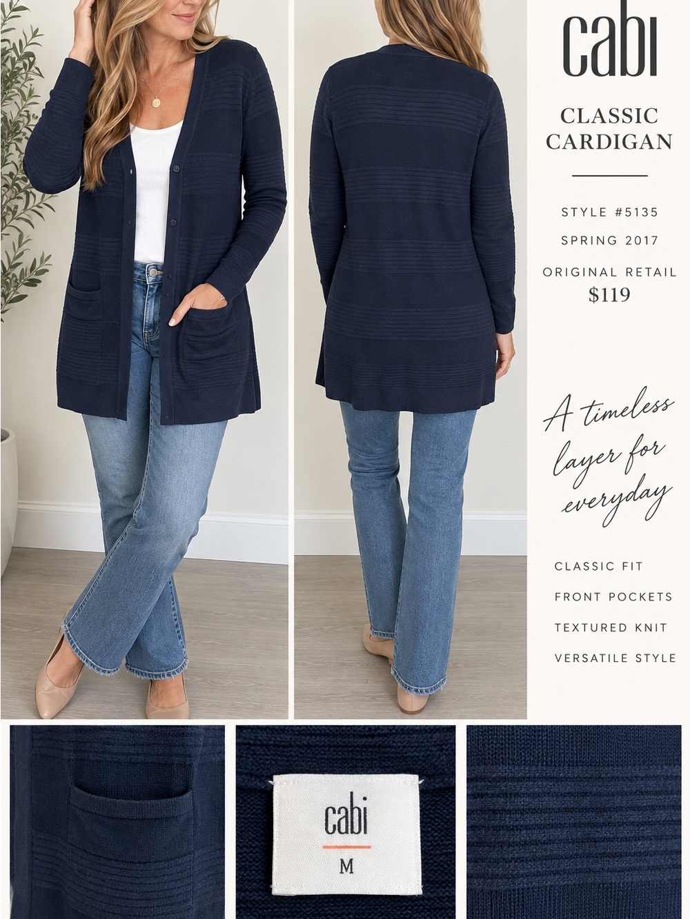 CAbi Classic Navy Long Cardigan Style 5135 Size Medium